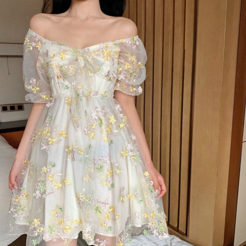 French Off-Shoulder Floral Dress ...